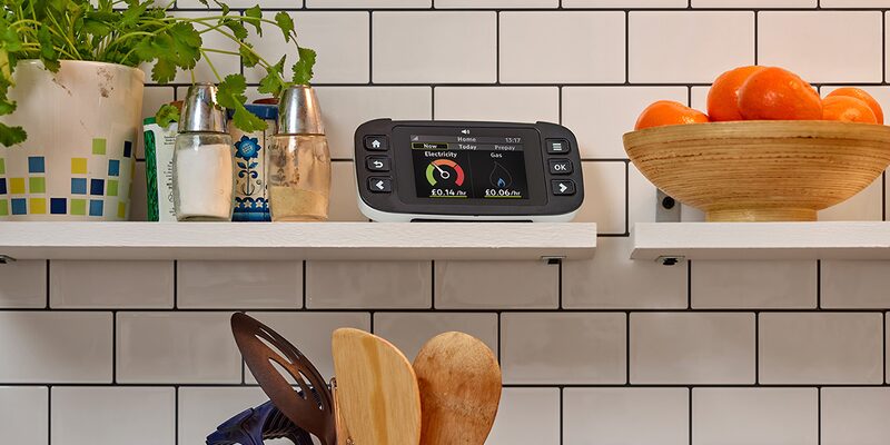 A smart meter in-home display showing electricity and gas costs sitting on a white kitchen shelf next to a herb pot, condiments and a bowl of oranges
