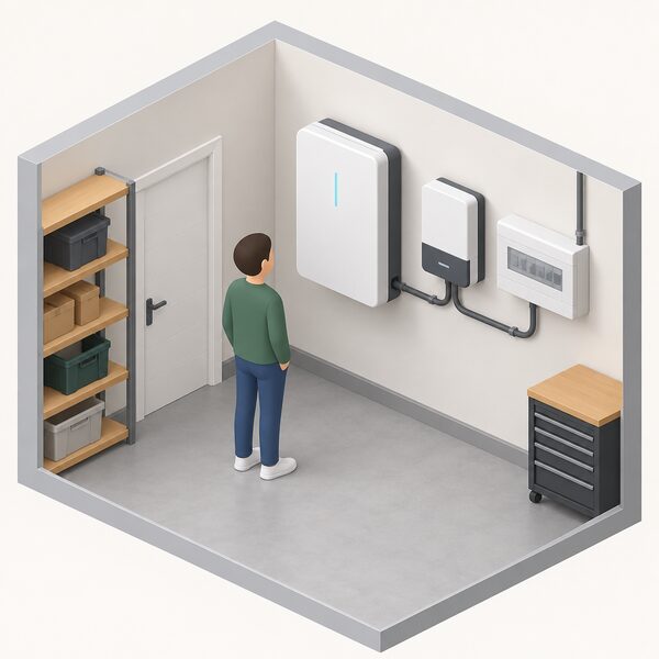 A simplified isometric indoor scene showing a wall-mounted home battery unit in a utility room or garage, with a small figure standing beside it looking at the unit, and a cable running from the battery to a wall-mounted inverter and consumer unit, conveying indoor storage that reduces grid reliance at peak times.
