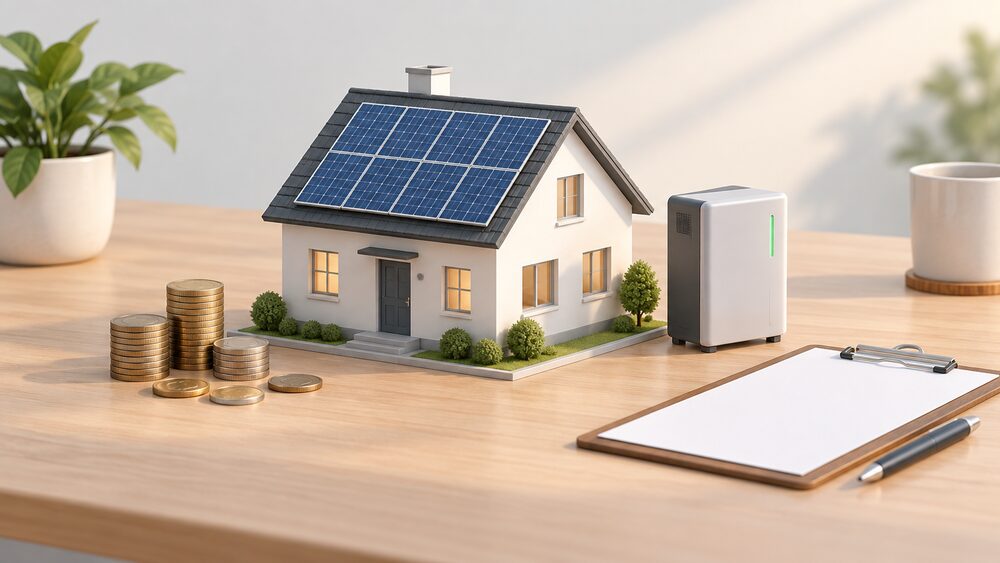 A small model house with miniature solar panels on its pitched roof sits centrally on a table, beside a small model home battery unit, a few coins and a blank clipboard of paperwork, all lit by daylight.