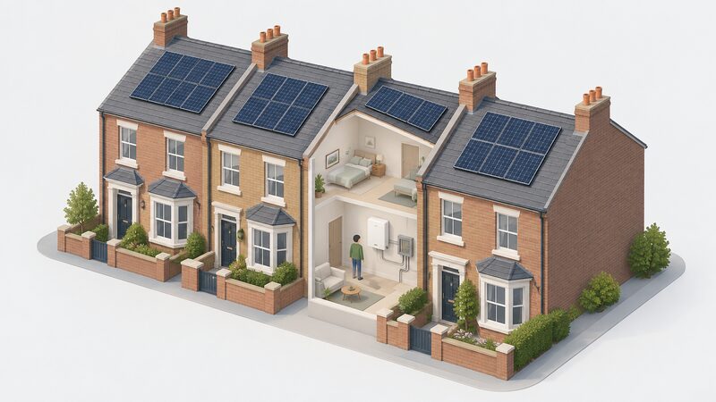 A row of typical UK terraced houses, one shown in cutaway isometric view with solar panels on its pitched roof and a wall-mounted home battery inside connected to the system, a small figure standing beside the battery.