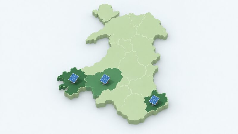A simplified map of Wales with plain colour shading showing solar PV capacity concentrated in Pembrokeshire, Carmarthenshire and Newport, with the three areas marked by darker shading and small solar panel symbols, and the rest of Wales in a lighter plain tone.