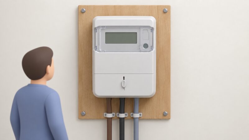 A close-up of a European Standard digital display electricity meter mounted on an interior meter board, its clear window showing a plain digital register, with no communications module or aerial present.