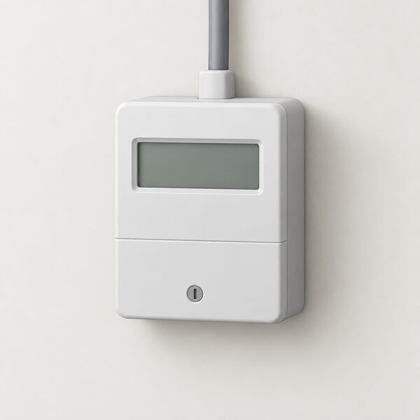 A single simple domestic electricity meter unit mounted on a plain interior wall, drawn as one clean box with a blank display face and a short cable rising from its top, shown alone with no branding, supplier markings or readable figures.