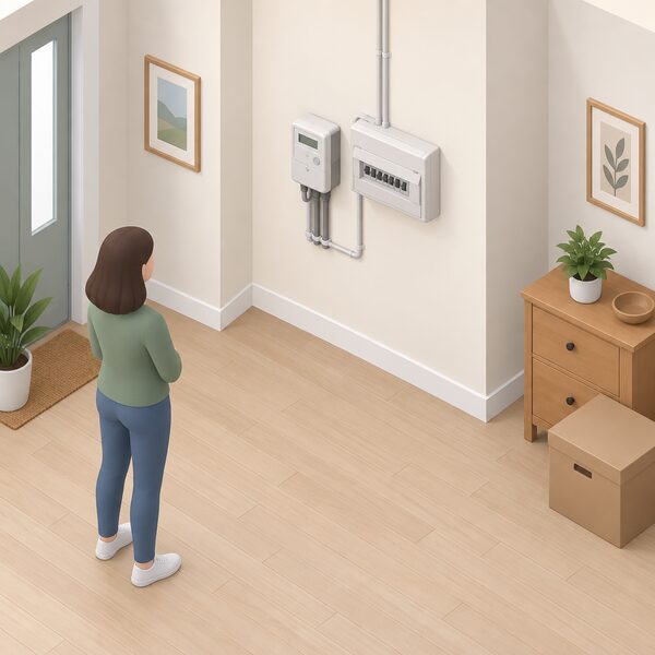 A tidy indoor hallway corner where a householder has moved a small cabinet and box away from the wall, leaving a completely clear space around the electricity meter and its adjacent fuse board so an installer can reach everything easily.
