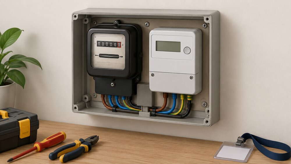A close-up of a domestic electricity meter mounted on an indoor wall, its cover removed so an old conventional meter and a new digital display meter sit side by side, with an electrician's tools and ID badge resting nearby.