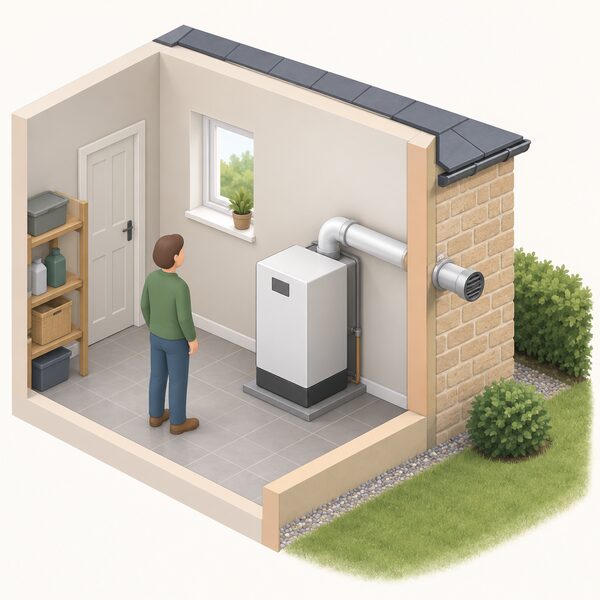 A cutaway view of a house interior showing an oil boiler mounted indoors against an outside wall, with its flue pipe passing horizontally through the wall to a terminal outside, and no gas connection anywhere in the scene.