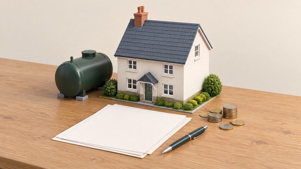 A small model of a detached house stands on a table beside a miniature domestic oil storage tank, with blank certificate-style papers, a pen and a few coins arranged in front, suggesting a home's energy rating being assessed alongside its oil-heated running costs.