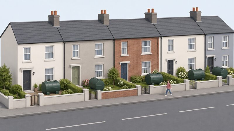 A row of plain terraced houses seen from the street, each with a small front garden containing an oil storage tank, showing how oil heating is a visible feature of off-gas-grid Northern Ireland streets.
