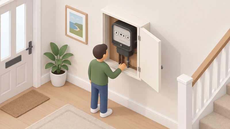A traditional electromechanical electricity meter in a simple meter box or cupboard inside a Northern Ireland home, with a small isometric figure opening the cover to read the dial display, showing no smart features or digital screen.