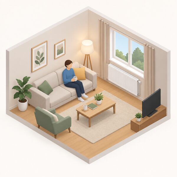 A panel radiator mounted on the wall of a simply furnished home main living room, with a small isometric figure seated nearby in ordinary clothing, showing the space a household must heat to 21 degrees.