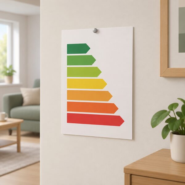 A physical EPC rating label, drawn as a printed sheet pinned to an interior wall of a home, showing the familiar vertical stack of coloured A to G efficiency bands with the top bands green and the bottom bands red, all band content shown as plain colour blocks with no readable words or numbers.