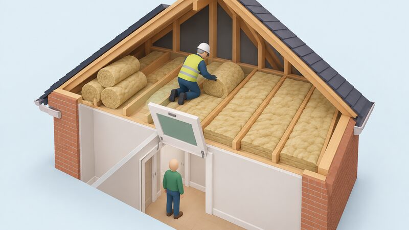An installer laying mineral wool insulation rolls between loft joists in a Northern Ireland home, with a small isometric householder watching from the loft hatch below, which stands open with a plain colour label on its cover.