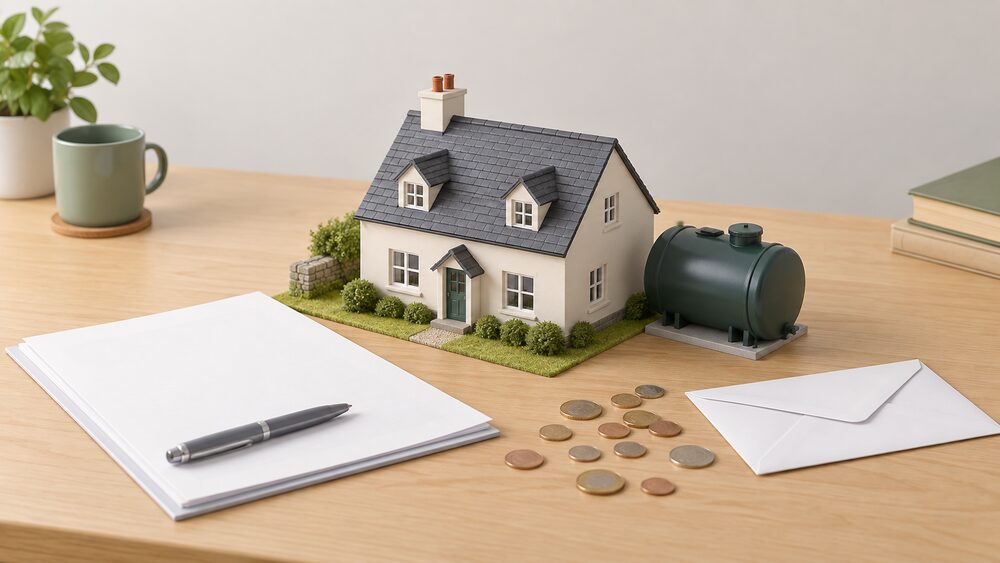 A small model of a rural detached house with an oil tank beside it stands on a table next to blank paperwork, a plain envelope and a scatter of coins, representing an off-gas-grid home being assessed for efficiency funding.