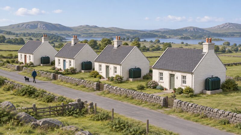 A row of simple rural cottages, each with a plastic domestic oil tank standing beside its gable wall on a small plinth, set in open countryside with no gas infrastructure anywhere in the scene.