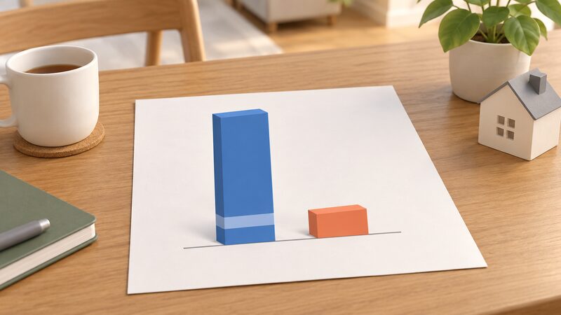 A printed chart sheet on a table showing one tall plain bar for full household income beside a much shorter bar for fuel costs, with a small marked band near the base of the income bar representing the ten per cent threshold that the fuel cost bar is compared against.