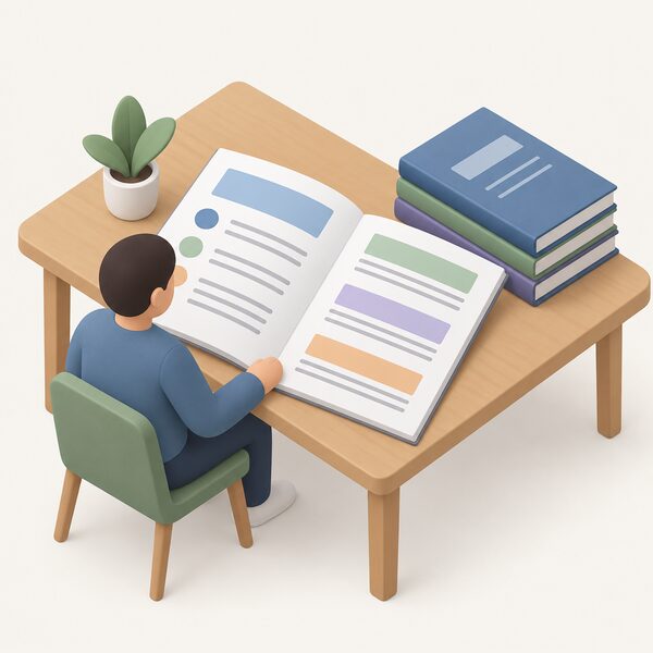 A consultation document lying open on a table, its pages showing plain colour blocks and blank lines for objectives, outcomes and actions, with a stack of bound annual reporting records beside it and a small isometric figure reading the open page.
