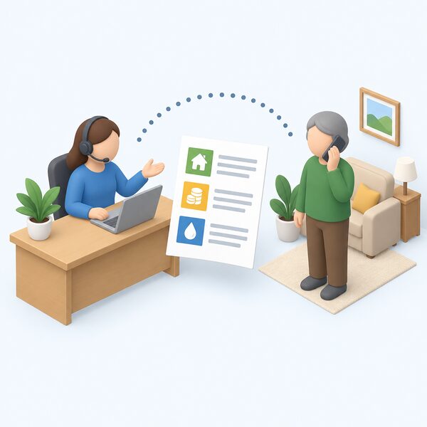 A simplified isometric adviser at a desk with a headset phone giving free energy advice to a householder holding a phone at home, with a printed sheet of plain colour bands between them suggesting topics of saving energy, grants and oil buying clubs.