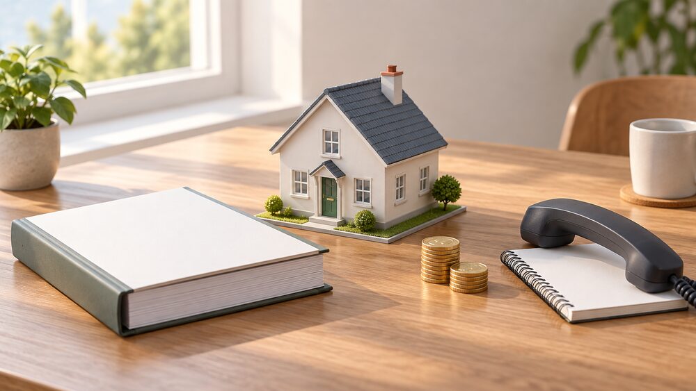 A small model house sits centrally on a wooden table beside a thick bound strategy document with blank pages, a short stack of coins, and a telephone handset resting on a notepad, all lit by soft daylight from a nearby window.