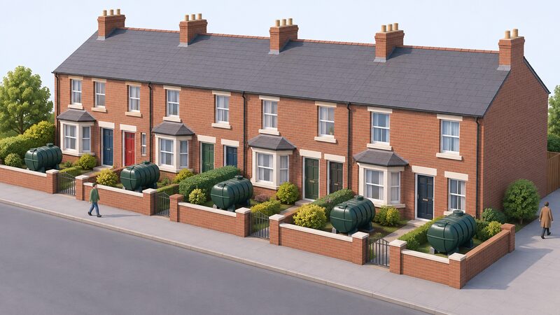 A row of Northern Irish terraced houses seen from the street, each with a domestic oil tank in its small front garden, showing the region's reliance on delivered fuel.