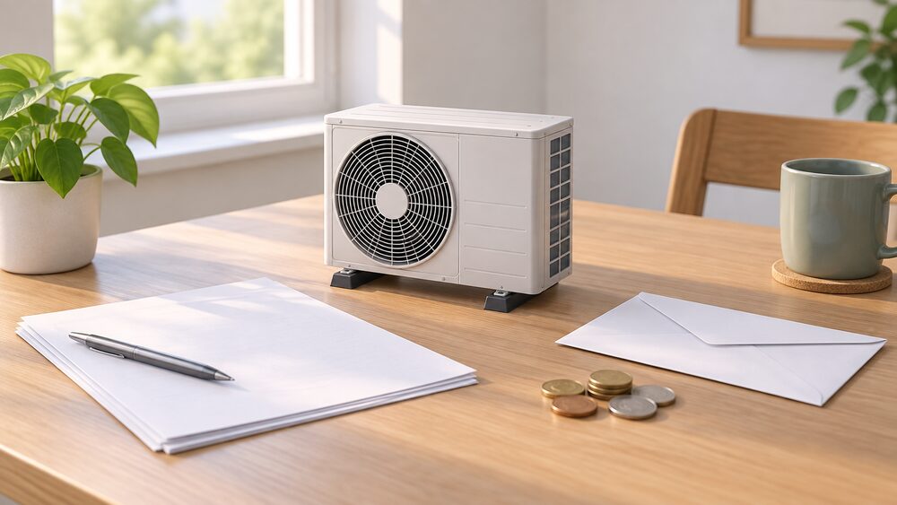 A small model of an air source heat pump outdoor fan unit stands on a table beside blank application paperwork, a plain envelope and a few coins, all lit by daylight from a nearby window.
