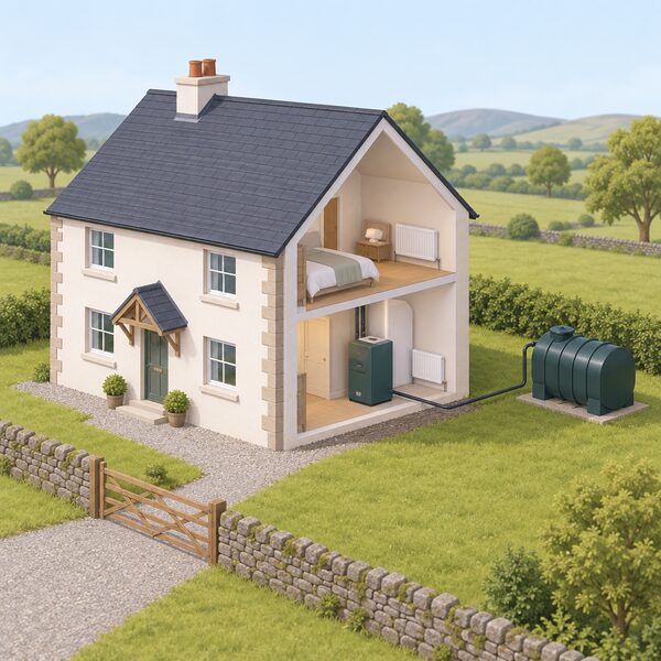 A cutaway view of a rural detached home with an oil-fired boiler inside the house connected to a plastic oil storage tank outdoors, with no gas pipe entering the property, showing the off-grid heating arrangement.