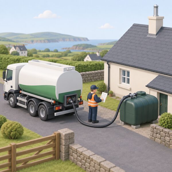 A delivery driver beside a small oil tanker at a rural Northern Ireland home, holding a printed voucher sheet while a hose runs from the tanker to the household's outdoor heating oil tank, with the house and boiler flue visible behind.