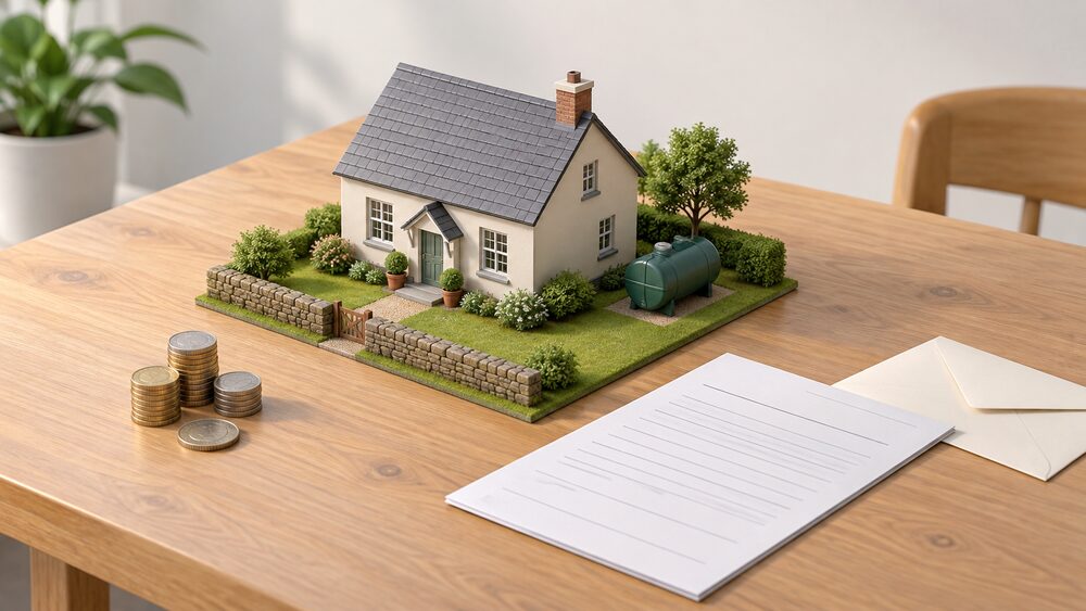 A small model of a rural house with a domestic oil tank standing beside it in its garden sits on a table, next to a blank application form, a plain envelope and a small stack of coins, all lit by soft daylight.