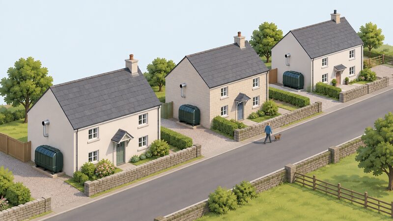 A row of simple rural houses, each with a plastic oil storage tank standing beside the gable end wall and a small boiler flue on that wall, drawn as a plain isometric street scene.
