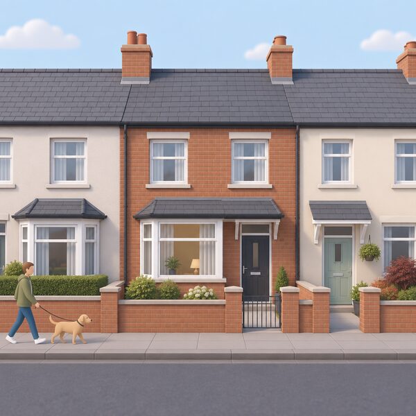 An ordinary terraced house on a typical Northern Ireland residential street, shown from the pavement with neighbouring homes either side, representing the broad range of privately owned and rented homes that a domestic retrofit pilot scheme would aim to improve.