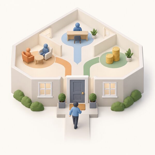 A simplified isometric house with its front door shown as the single entry point, where one small figure approaches a doorway leading to three connected stations representing advice, assessment and funding, all reached through the one door.