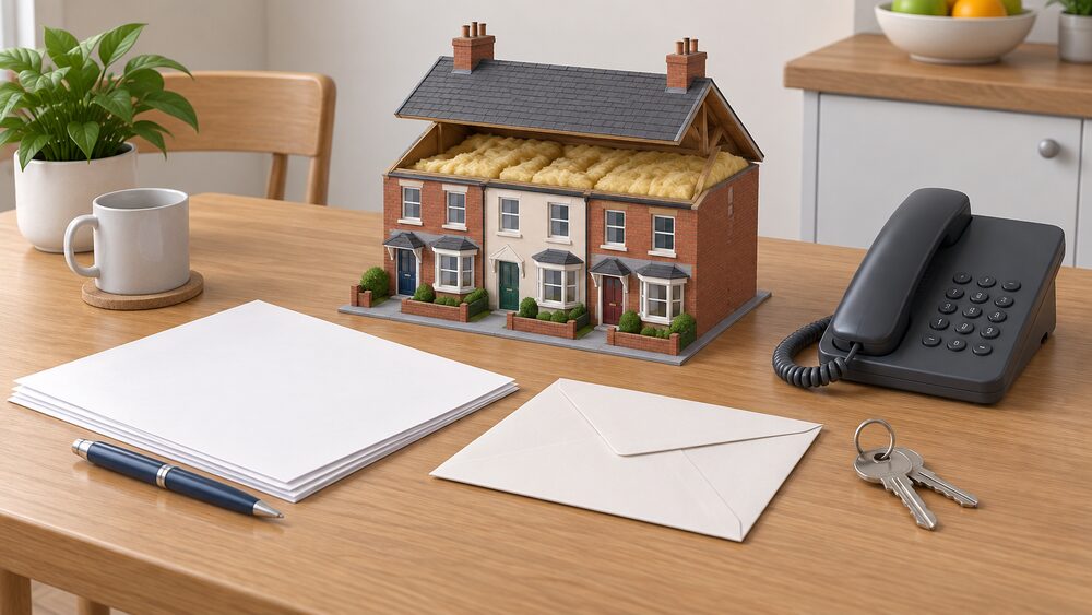 A kitchen table with blank application paperwork, a sealed envelope, a telephone and a set of keys beside a small model of a terraced house with a thick layer of loft insulation visible under its lifted roof, all lit by plain daylight.