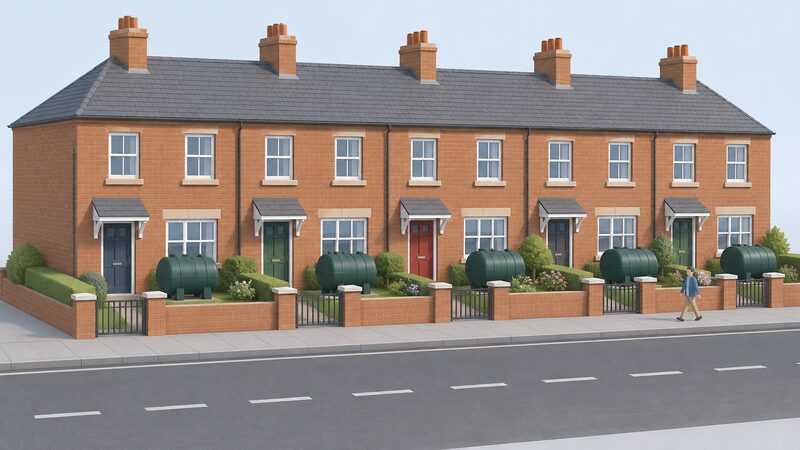 A terraced street of plain brick houses seen from the front, with an oil heating tank standing in each small front garden, drawn as one whole row so the picture reads as a street covered together rather than separate homes.
