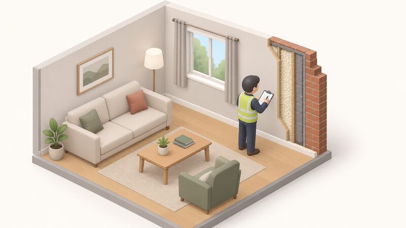 A retrofit assessor standing inside a home's living room, clipboard in hand, inspecting an exposed section of cavity wall insulation while noting observations on the paper, with the house's plain interior walls and a window in view.
