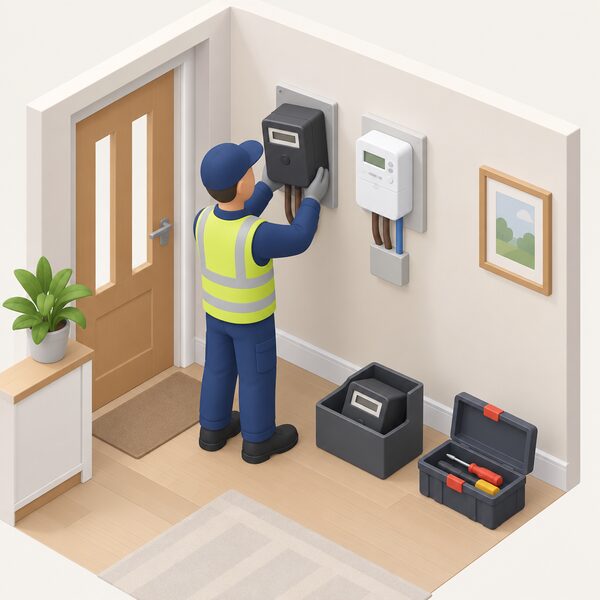 An installer fitting a smart electricity meter on an inside wall of a home where an older electricity meter is being removed, with no gas meter shown being changed.
