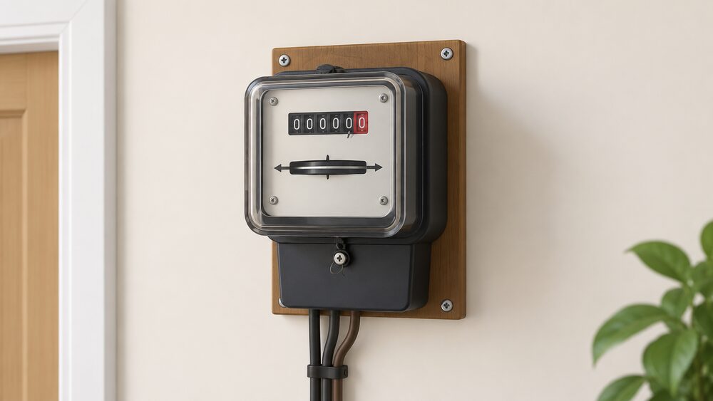 A close-up of a traditional analogue electricity meter mounted on an interior wall of a Northern Ireland home, with no smart meter or In-Home Display present, showing the meter that households still rely on before the 2028 rollout.