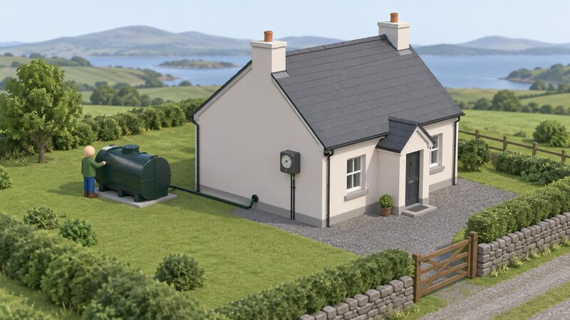 A rural Northern Ireland home with an oil heating system: an oil tank in the garden connected by a pipe to the house, with a conventional analogue electricity meter on an outside wall, and a small isometric figure standing by the tank.