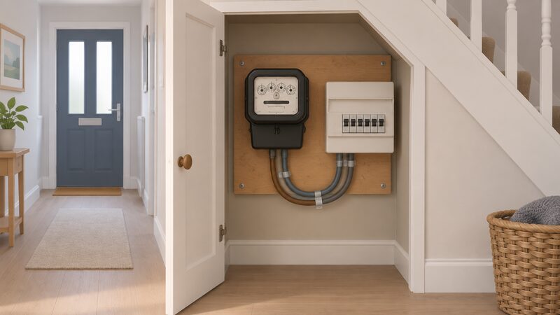 A traditional analogue electricity meter mounted on a board inside a small under-stairs cupboard in a Northern Ireland home, with a plain digital-free dial face and a meter tail running to the consumer unit, no smart display or communications hub anywhere in the scene.