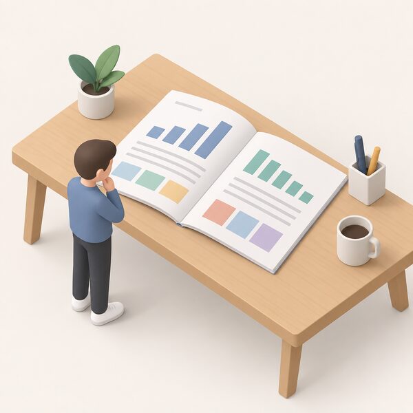 A printed annual report lying open on a plain desk, its pages showing simple bar charts and colour blocks representing spending and savings figures, with a small isometric figure standing beside it reading the document.
