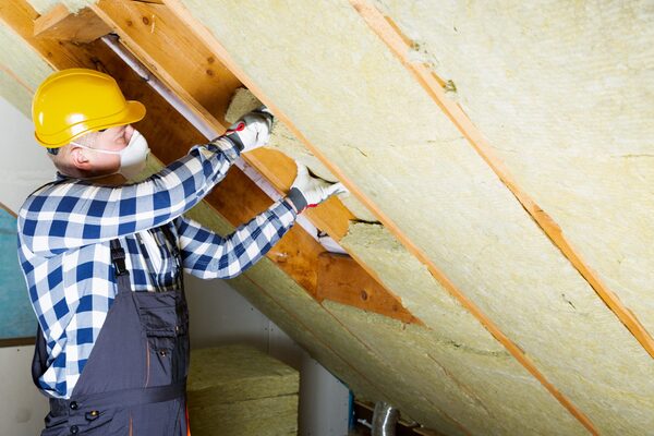 A worker in a hard hat and overalls fitting mineral wool insulation between the rafters of a loft