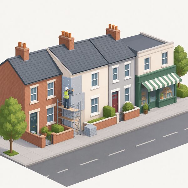 A simplified street scene in Northern Ireland showing a row of terraced homes alongside a small shop, with an installer figure fitting insulation to one home's wall, representing the levy-funded programme helping both domestic and business premises.