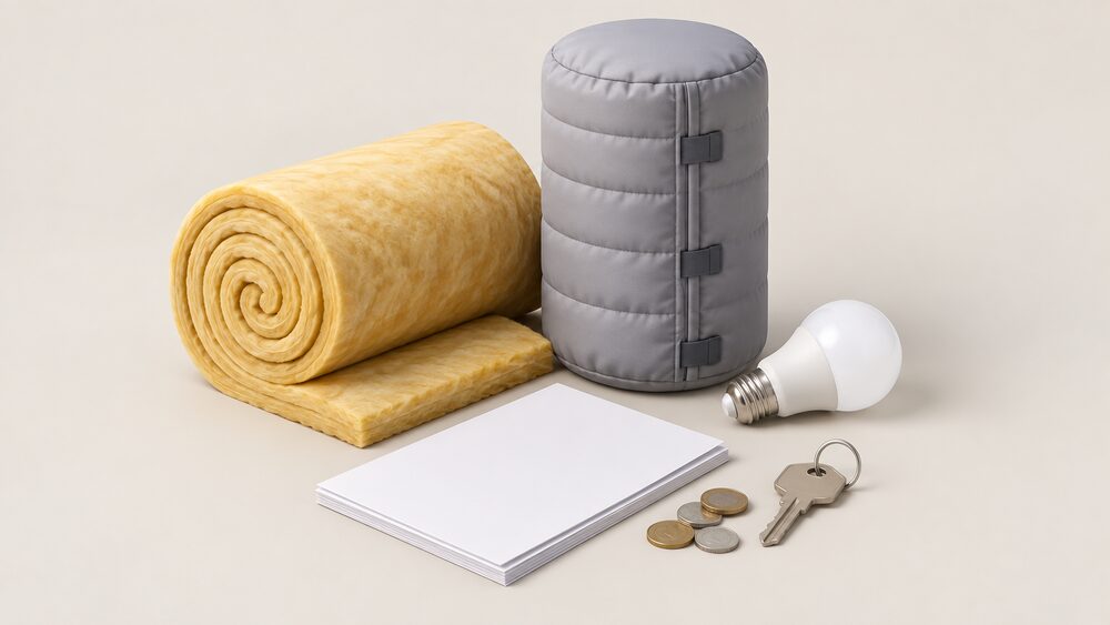 A small tabletop arrangement of energy saving measures a NISEP grant could pay for — a roll of loft insulation, a padded hot water cylinder jacket and a LED light bulb — grouped beside blank application paperwork, a house key and a few coins.