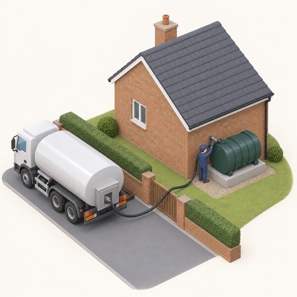 An isometric view of a domestic oil tank on a solid base beside the rear wall of a house, with a fill point pipe at the tank and a small delivery hose running from a tanker parked at the property boundary to the fill point, one figure attending the delivery.