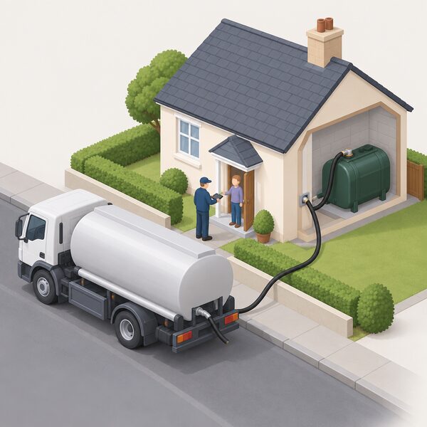 A small tanker lorry parked at the kerb outside a house, with a driver in plain clothing standing beside the tank holding a hose that runs to the fill point on the oil tank, showing payment made at the door on the day of delivery.