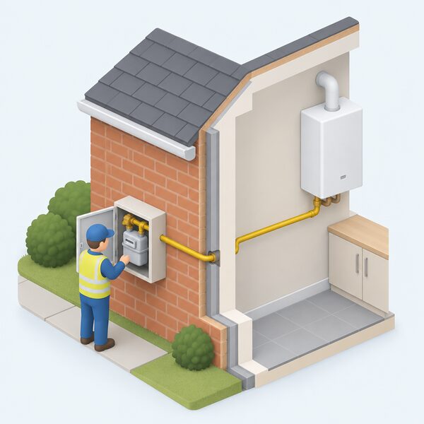 A simplified isometric cutaway of a home wall showing a domestic gas meter box on the outside with a supply pipe running from it through the wall to a boiler inside, and a small figure of an installer standing at the open meter box.