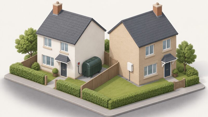 A small isometric street scene showing one house with a domestic oil tank and fill point beside its wall, and the neighbouring house with a wall-mounted gas meter box, illustrating that adjacent homes typically have one fuel option or the other.