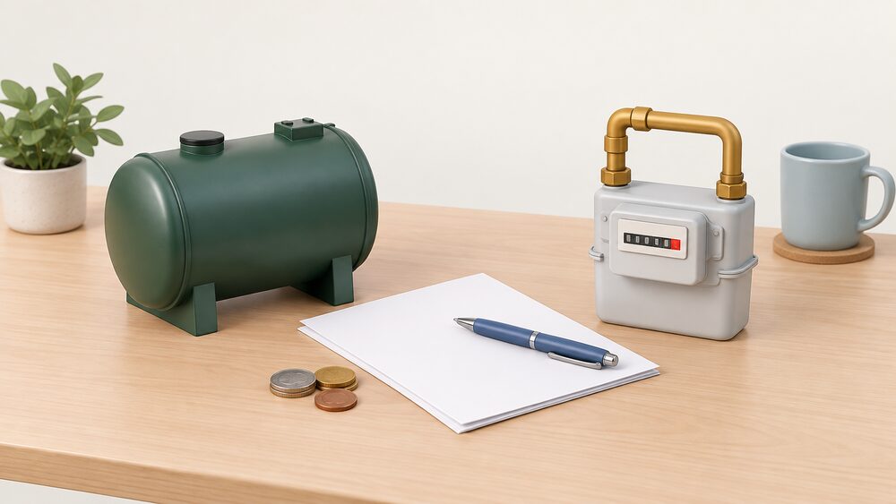 A small model of a domestic oil tank standing beside a small model of a gas meter box on a table, with blank paperwork, a pen and a few coins between them, suggesting a household weighing the two fuel choices.