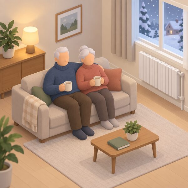 An older couple sitting together on a sofa in a warm, simply drawn living room in winter, both wearing jumpers, with a radiator on the wall and a window showing cold weather outside, representing one payment per household.