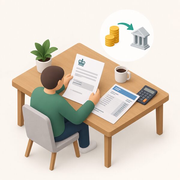 A letter from HMRC lying on a table beside a bank statement, showing recovery of the payment through the tax system, with a simplified isometric figure seated nearby reading it.