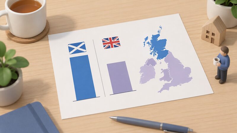 A printed comparison sheet lying on a table showing two side-by-side columns of plain colour bars of slightly different heights, one column headed for Scotland and one for the rest of the UK, with a small simplified map of the British Isles beside it shading Scotland differently from England, Wales and Northern Ireland.