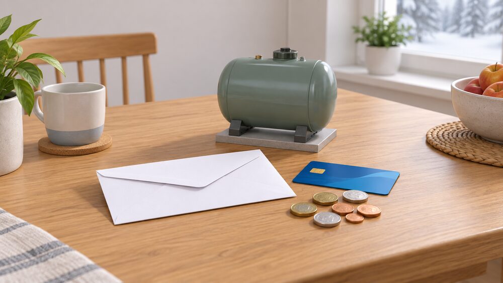A kitchen table with a plain white letter lying beside a bank card and a scatter of coins, with a small model of a domestic heating oil tank standing behind them, suggesting a winter heating payment arriving in a household's account.